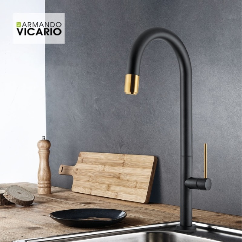 Armando Vicario Tozo Μπαταρία Κουζίνας Πάγκου με Ντουζ Black mat - Brushed Gold 48780-400201