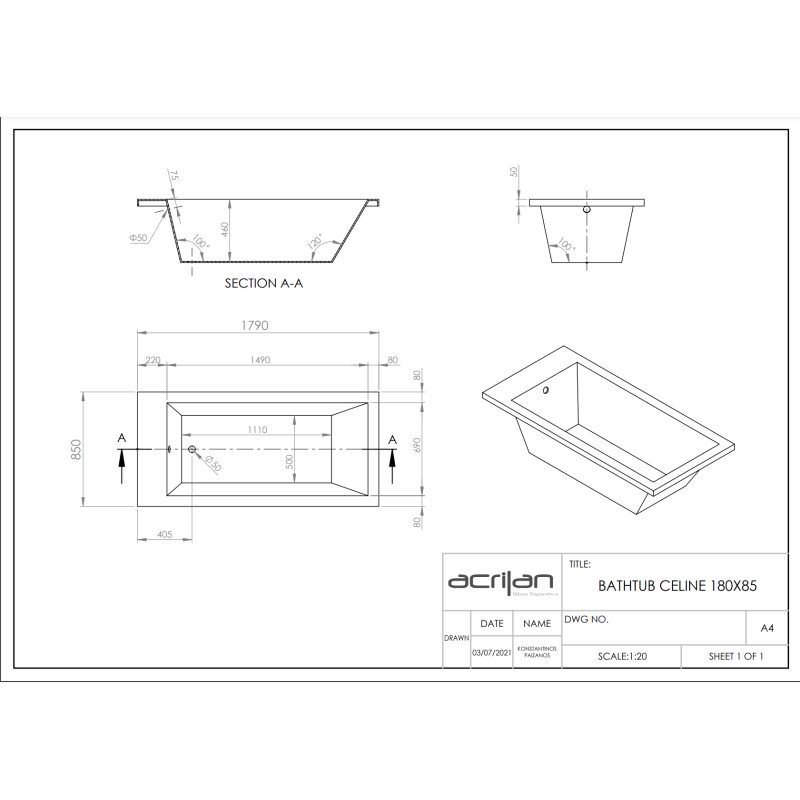 ACRILAN CELINE ΕΥΘΥΓΡΑΜΜΗ ΜΠΑΝΙΕΡΑ 180x85