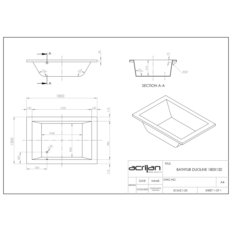 ACRILAN DUOLINE ΕΥΘΥΓΡΑΜΜΗ ΜΠΑΝΙΕΡΑ 180x100