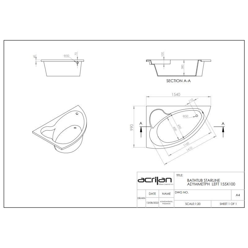 ACRILAN STAR LINE ΑΣΥΜΜΕΤΡΗ ΜΠΑΝΙΕΡΑ 155x100