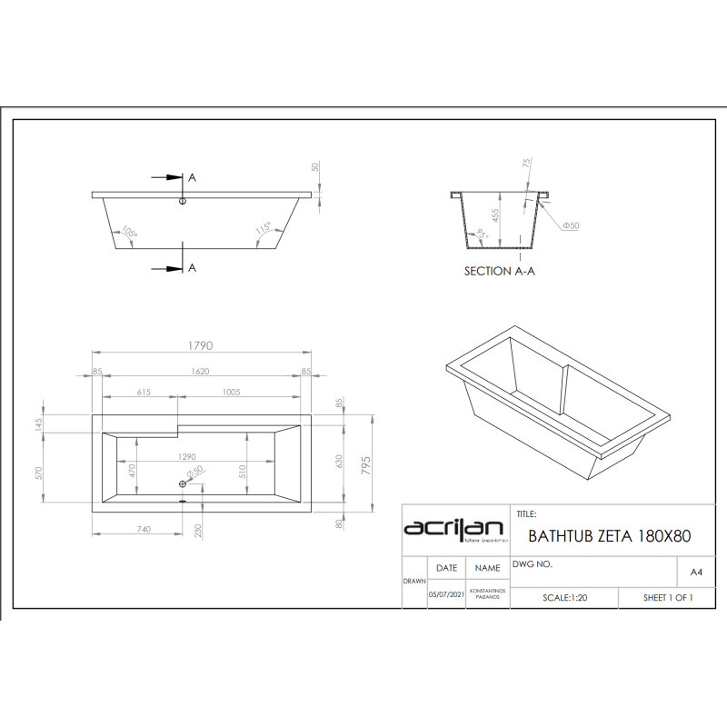 ACRILAN ZETA ΕΥΘΥΓΡΑΜΜΗ ΜΠΑΝΙΕΡΑ 180x80