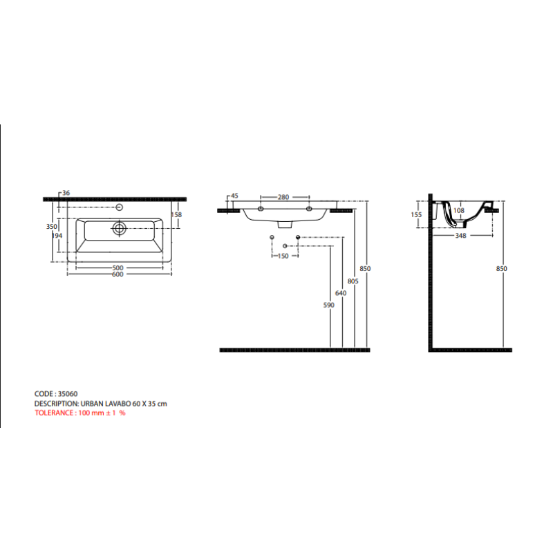 BIANCO CERAMICA URBAN 35, Πορσελάνινος Νιπτήρας με 1 Οπή, 60 x 35 cm, 35060-300