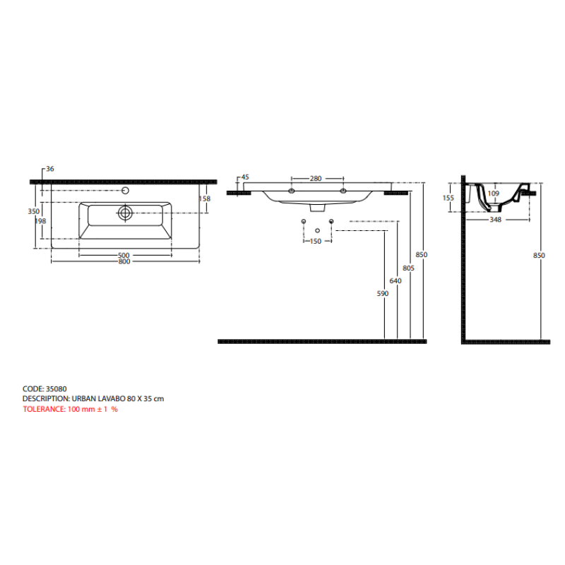 BIANCO CERAMICA URBAN 35, Πορσελάνινος Νιπτήρας με 1 Οπή, 80 x 35 cm, 35080-300