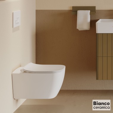 BIANCO CERAMICA MIZO ΚΡΕΜΑΣΤΗ ΛΕΚΑΝΗ, RIMLESS, ΚΑΛΥΜΜΑ SLIM SOFT, WHITE MATT, 361600SC-301