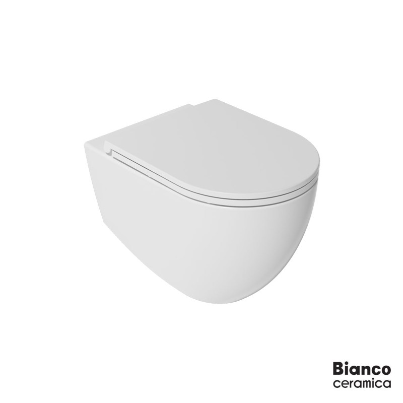 BIANCO CERAMICA LENTA ΚΡΕΜΑΣΤΗ ΛΕΚΑΝΗ RIMLESS, WHITE MATT, 53 CM, ΚΑΛΥΜΜΑ SLIM SOFT, 381600C-301