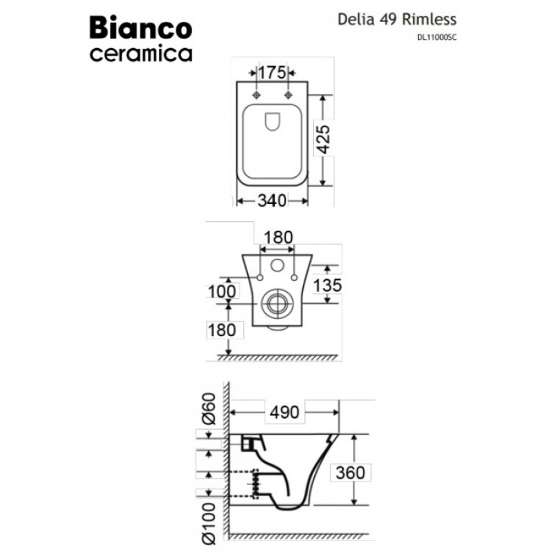 BIANCO CERAMICA ALBA AL 110, TORNADO, ΚΡΕΜΑΣΤΗ ΛΕΚΑΝΗ, ΚΑΛΥΜΜΑ SLIM SOFT CLOSE,  49 CM, AL 11000SC-300