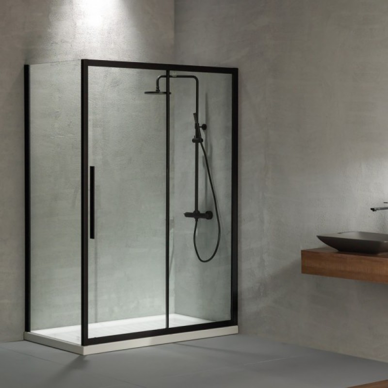 DEVON FLOW SLIDER 1+1, ΚΑΜΠΙΝΑ 1 ΣΤΑΘΕΡΟ ΚΑΙ 1 ΣΥΡΟΜΕΝΟ, CLEAN GLASS, BLACK MATT, 100 (97-101) CM, ΎΨΟΣ: 195 CM, SLF 100C-400