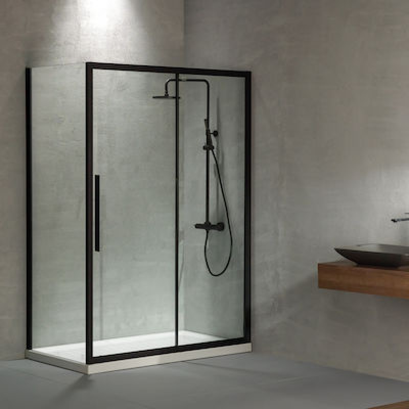 DEVON FLOW SLIDER 1+1, ΚΑΜΠΙΝΑ 1 ΣΤΑΘΕΡΟ ΚΑΙ 1 ΣΥΡΟΜΕΝΟ, CLEAN GLASS, BLACK MATT, 130 (127-131) CM, ΎΨΟΣ: 195 CM, SLF 130C-400
