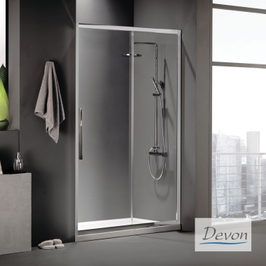 DEVON FLOW SLIDER 1+1, ΚΑΜΠΙΝΑ 1 ΣΤΑΘΕΡO ΚΑΙ 1 ΣΥΡΟΜΕΝO, CLEAN GLASS, CHROME, 110 (107-111) CM, ΎΨΟΣ: 220 CM, SLFH 110C-100