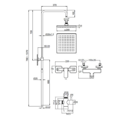 EURORAMA QUADRA ΡΥΘΜΙΖΟΜΕΝΗ ΣΤΗΛΗ ΝΤΟΥΖ 2 ΕΞΟΔΩΝ 83-144CM INOX FINISH 