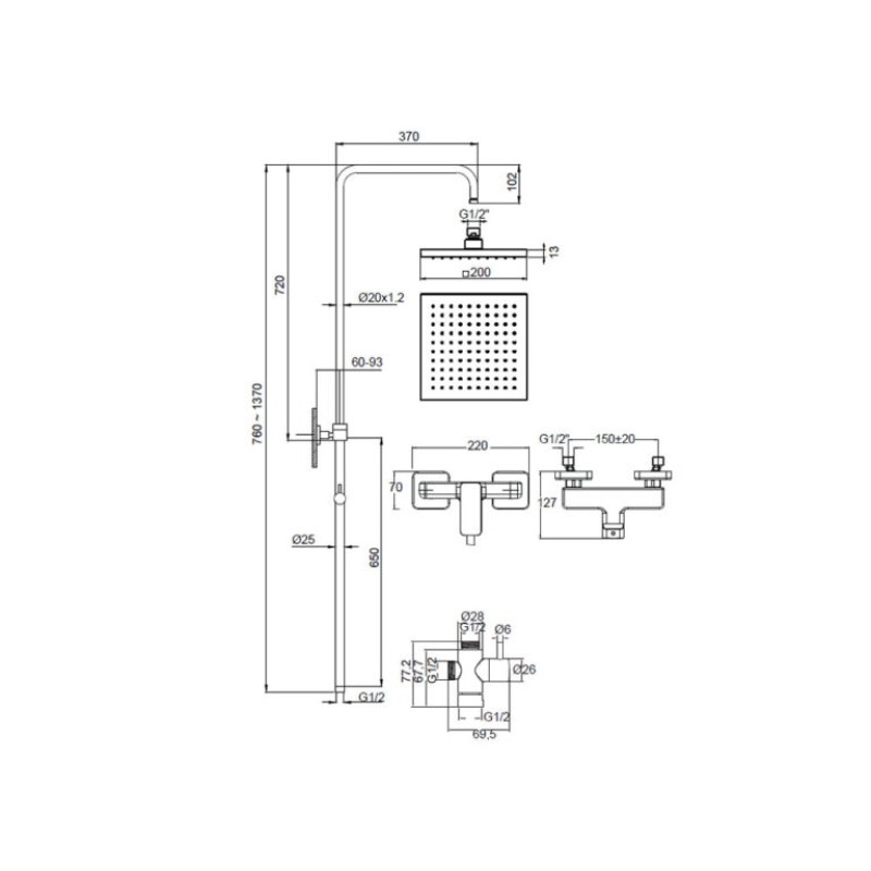 EURORAMA QUADRA ΡΥΘΜΙΖΟΜΕΝΗ ΣΤΗΛΗ ΝΤΟΥΖ 2 ΕΞΟΔΩΝ 83-144CM INOX FINISH 