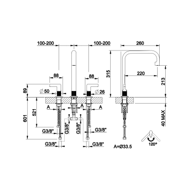 GESSI INCISO ΜΠΑΤΑΡΙΑ ΚΟΥΖΙΝΑΣ 3 ΟΠΩΝ BLACK MATTE 