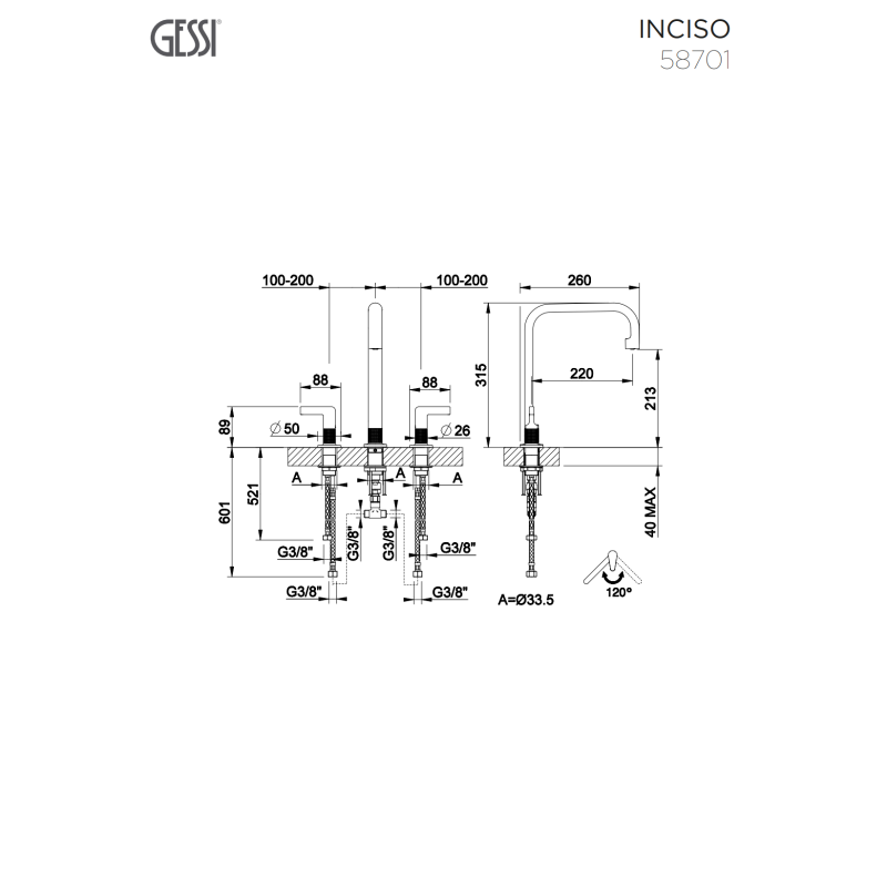 GESSI INCISO ΜΠΑΤΑΡΙΑ ΚΟΥΖΙΝΑΣ 3 ΟΠΩΝ WARM BRONZE BRUSHED PVD 