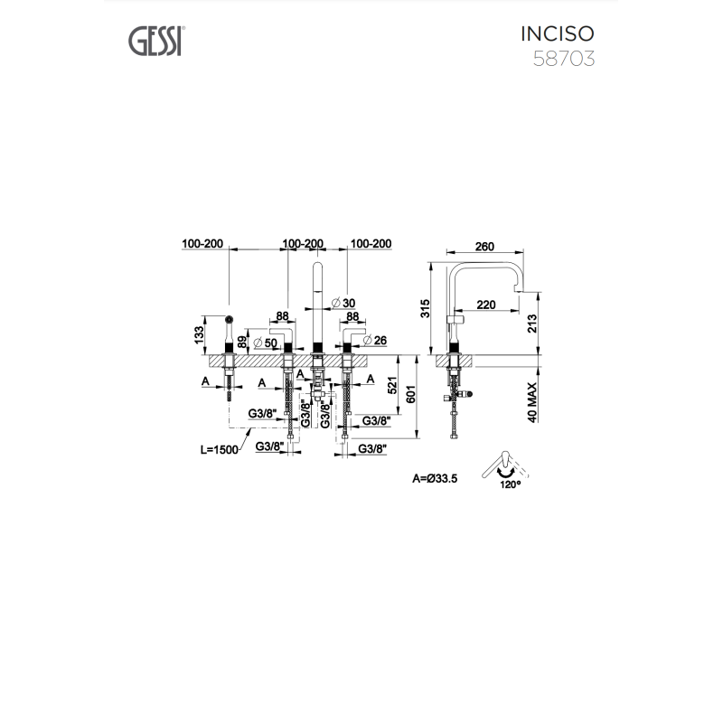 GESSI INCISO ΜΠΑΤΑΡΙΑ ΚΟΥΖΙΝΑΣ 4 ΟΠΩΝ COPPER BRUSHED PVD 