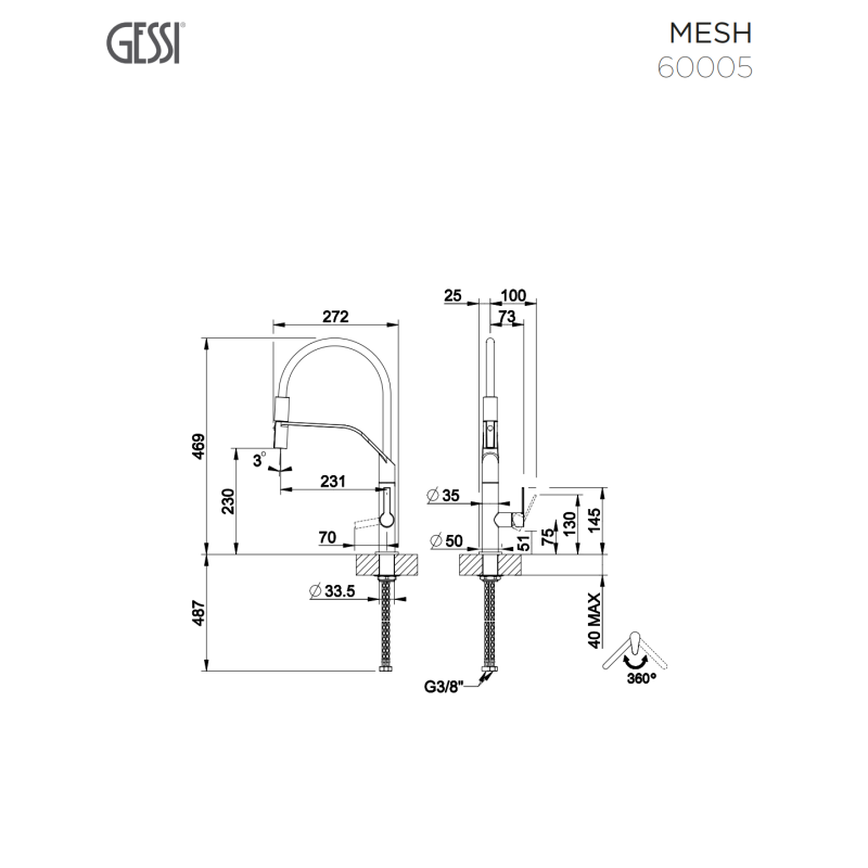 GESSI MESH ΜΠΑΤΑΡΙΑ ΕΛΑΤΗΡΙΟΥ ΝΕΡΟΧΥΤΗ INOX FINISH/BLACK MATT 