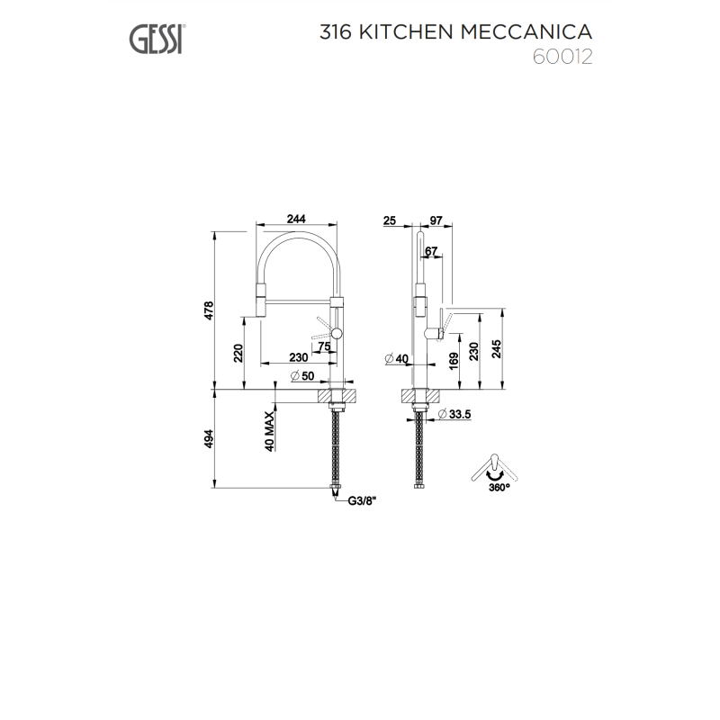 GESSI KITCHEN MECCANICA ΜΠΑΤΑΡΙΑ ΚΟΥΖΙΝΑΣ BLACK MATTE 