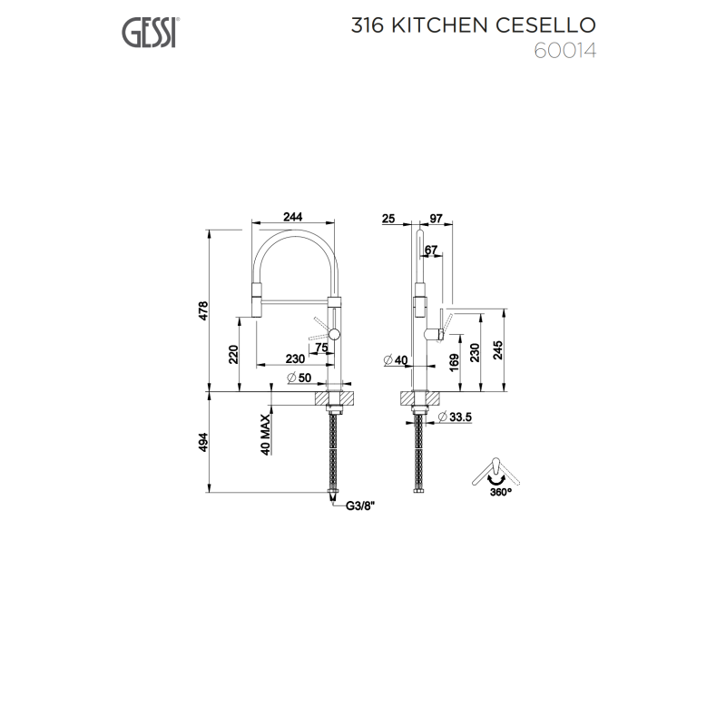 GESSI KITCHEN CESELLO ΜΠΑΤΑΡΙΑ ΚΟΥΖΙΝΑΣ BLACK METAL BRUSHED PVD 