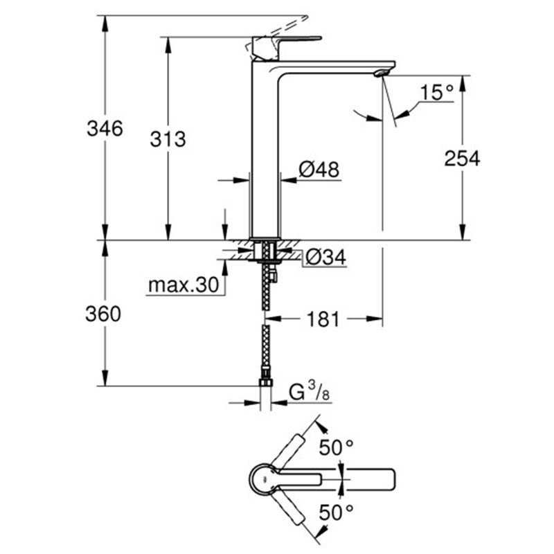 GROHE LINEARE ΨΗΛΗ ΜΠΑΤΑΡΙΑ ΝΙΠΤΗΡΑ GRAPHITE MATT 