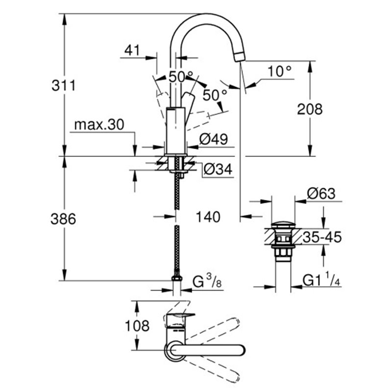 GROHE BAUEDGE ΨΗΛΗ ΜΠΑΤΑΡΙΑ ΝΙΠΤΗΡΑ ΜΠΑΝΙΟΥ ΜΕ ΒΑΛΒΙΔΑ ΚΛΙΚ-ΚΛΑΚ CHROME 