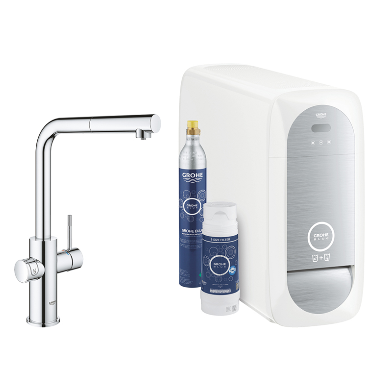 GROHE BLUE HOME ΜΠΑΤΑΡΙΑ ΚΟΥΖΙΝΑΣ ΜΕ ΣΠΙΡΑΛ ΦΙΛΤΡΟ ΚΑΙ ΨΥΚΤΗ CHROME 