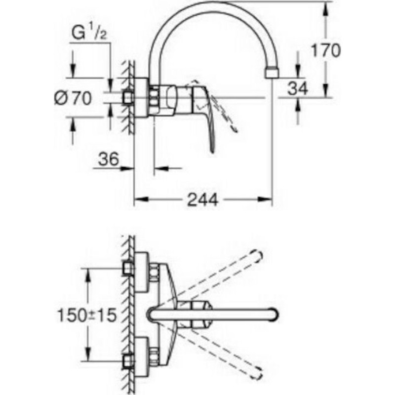 GROHE EUROSMART ΕΠΙΤΟΙΧΗ ΜΠΑΤΑΡΙΑ ΚΟΥΖΙΝΑΣ CHROME 