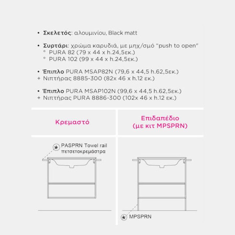 GSI PURA 82 + Νιπτήρας 8885 Έπιπλο Κρεμαστό με Συρτάρι και νιπτήρα White για επικαθήμενη μπαταρία, MSAP82N + 8885-300