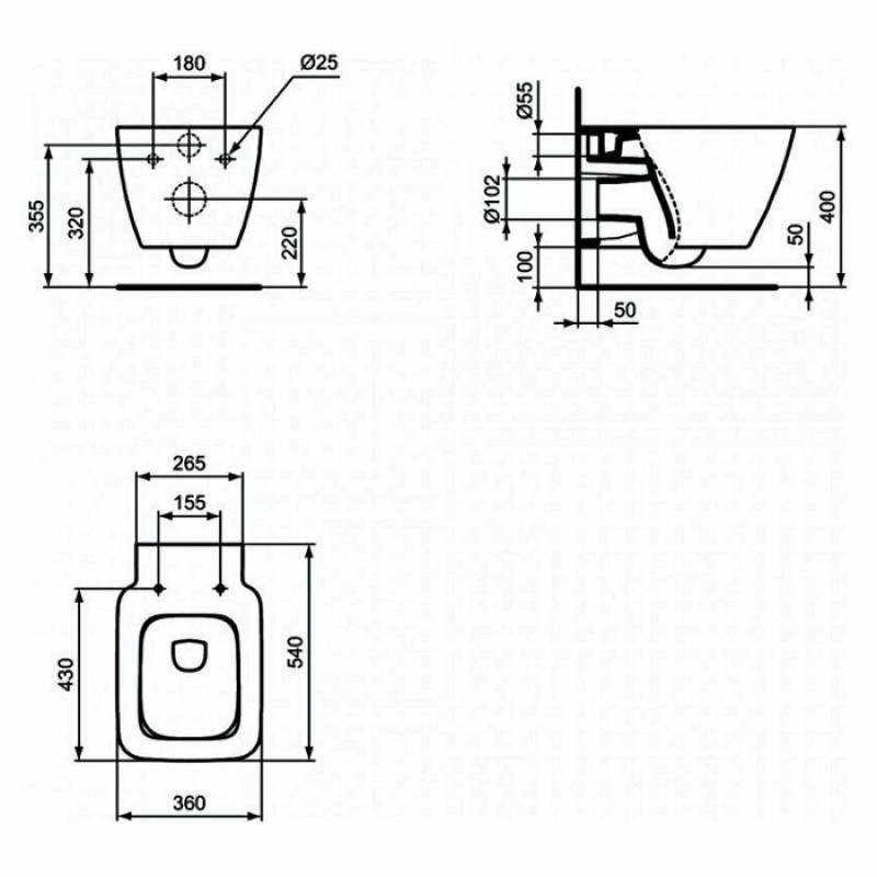 Ideal Standard Strada II, Κρεμαστή Επίτοιχη Λεκάνη (Aquablade), Rimless με Κάλυμμα Soft Close,  36x54 cm, White Glossy, T299701