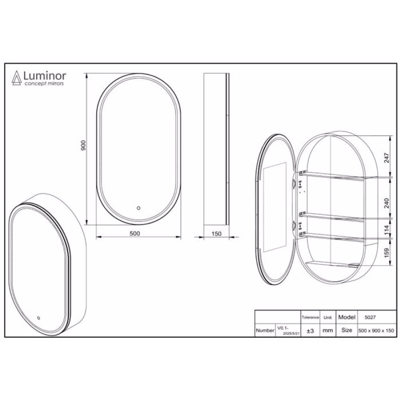 LUMINOR JAZZ 50CM ΝΤΟΥΛΑΠΙ ΜΕ ΦΩΤΙΖΟΜΕΝΟ ΚΑΘΡΕΠΤΗ LED ΠΛΑΙΣΙΟ ΑΛΟΥΜΙΝΙΟΥ ΚΑΙ ΕΝΣΩΜΑΤΩΜΕΝΗ ΠΡΙΖΑ 230V, BLACK MATT, 5027