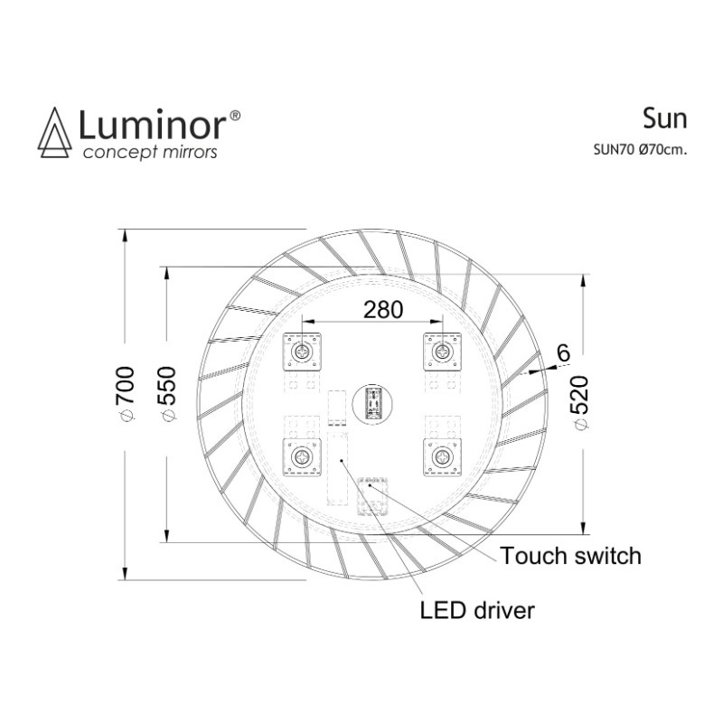 Καθρέφτης Μπάνιου Luminor Sun 70cm Φωτιζόμενος Led
