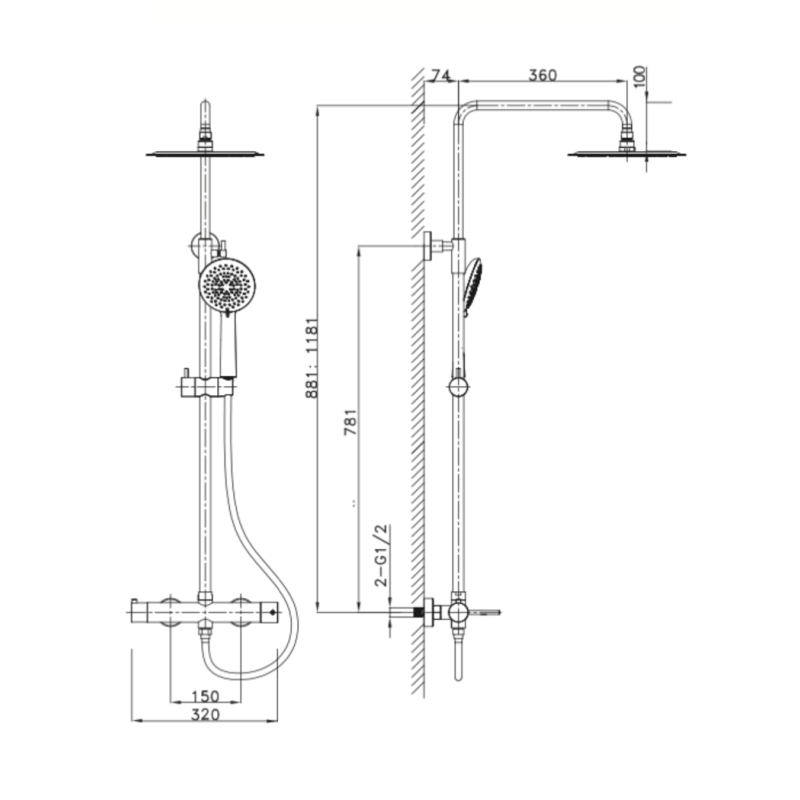 ORABELLA TERRA ΡΥΘΜΙΖΟΜΕΝΗ ΣΤΗΛΗ ΝΤΟΥΖ 88-118CM 2 ΕΞΟΔΩΝ BLACK MATT 