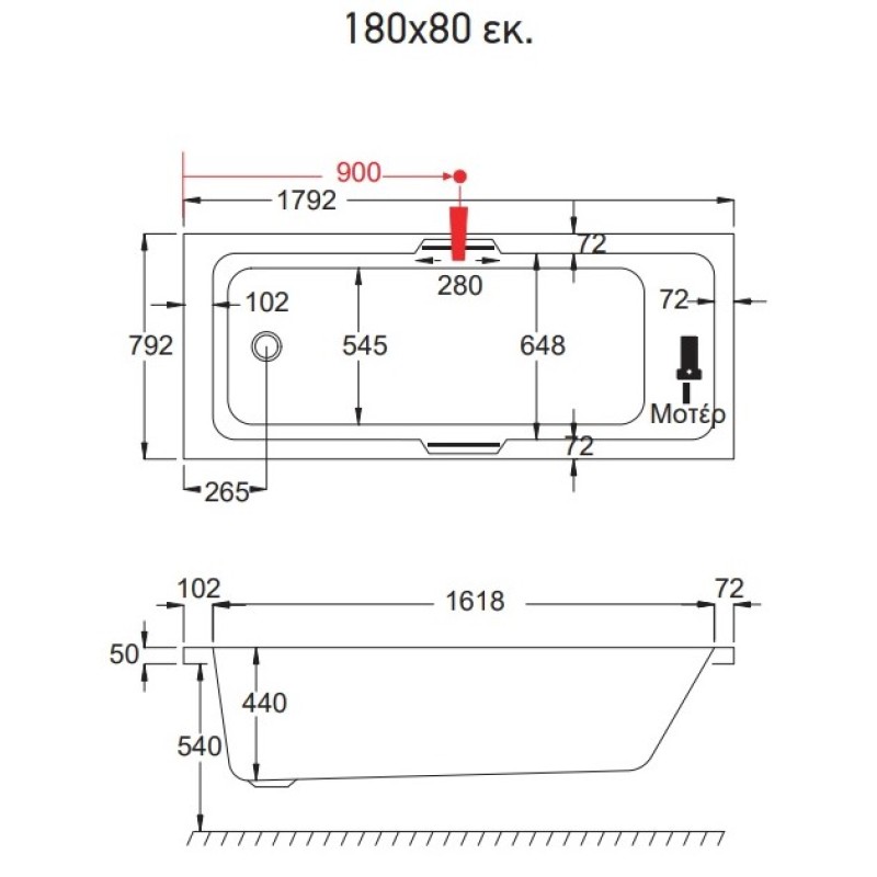 Μπανιέρα Carron Quantum Carronite Ευθύγραμμη Υδρομασάζ 1,75HP 180 x 80 cm 457CH