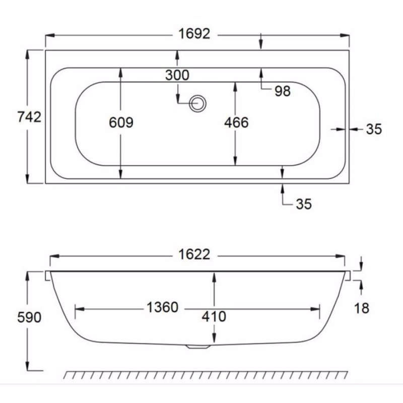 Μπανιέρα Carron Profile Duo Low Rim Ευθύγραμμη 170 x 75 cm 473LC-301