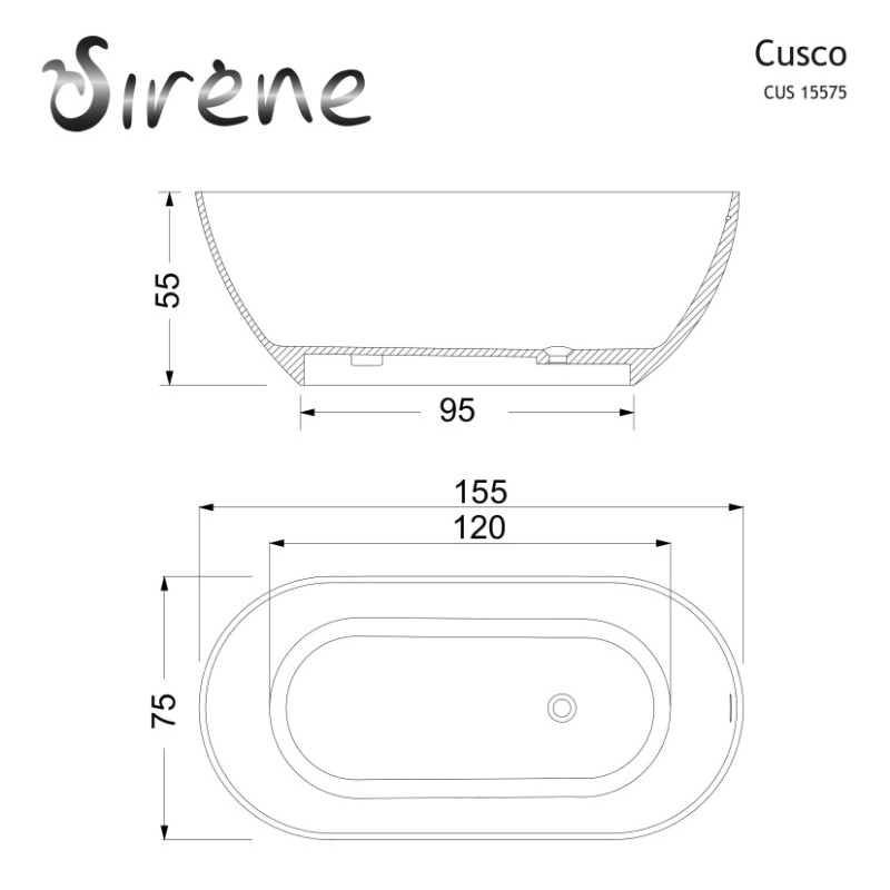 Μπανιέρα Sirene Cusco Cast Marble 155 x 75  Ελεύθερης τοποθέτησης CUS15575