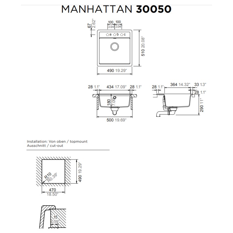 SCHOCK CRISTALITE MANHATTAN, ΕΝΘΕΤΟΣ ΓΡΑΝΙΤΕΝΙΟΣ ΝΕΡΟΧΥΤΗΣ ΚΟΥΖΙΝΑΣ, 49x51 CM, 30050-xxx