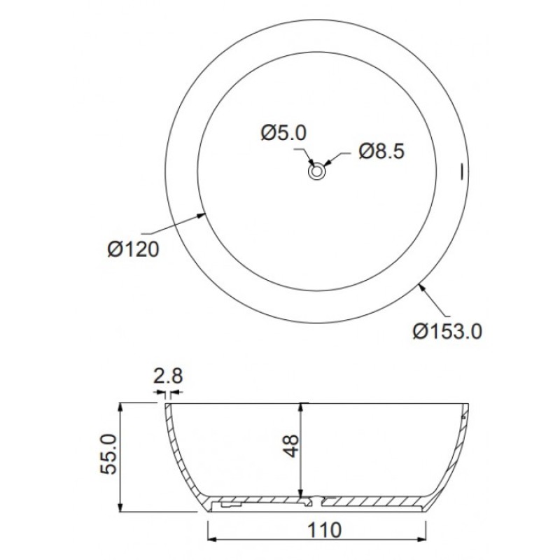 SIRENE CUSCO ROUND SOLID SURFACE, ΜΠΑΝΙΕΡΑ ΕΛΕΥΘΕΡΗΣ ΤΟΠΟΘΕΤΗΣΗΣ, WHITE MATT, CUSR153-301