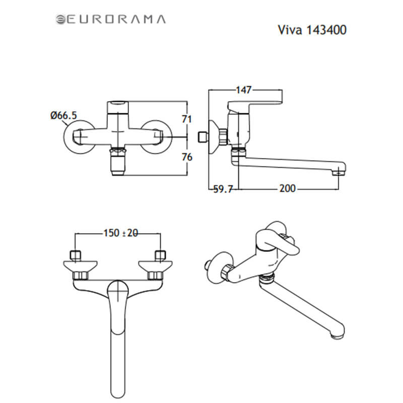 Eurorama Viva Μπαταρία Κουζίνας Τοίχου Chrome 143400-100