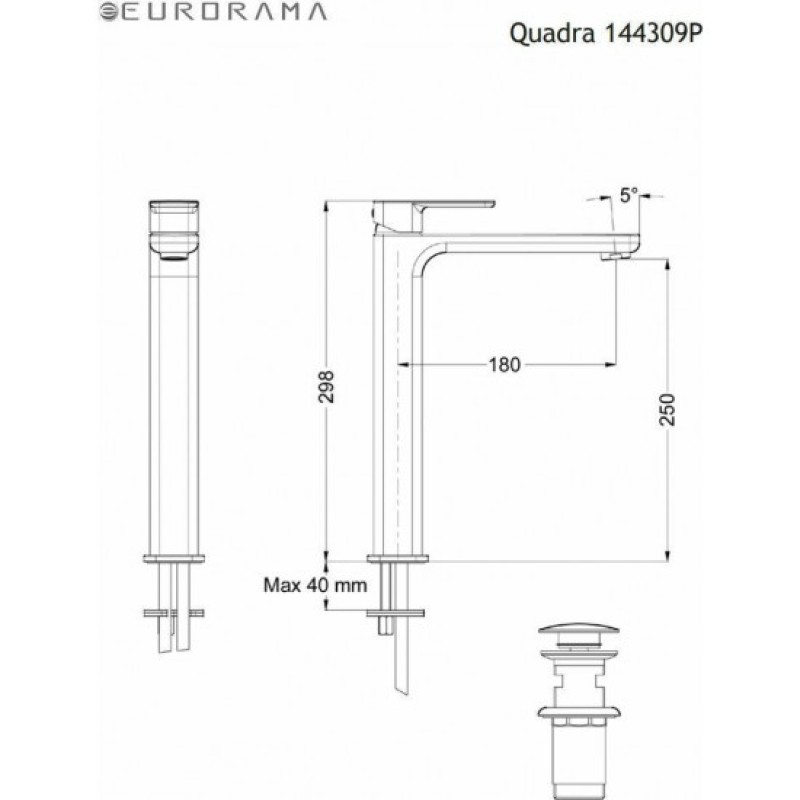 Eurorama Μπαταρία Ψηλή Νιπτήρος Quadra Black Matt 144309P-400